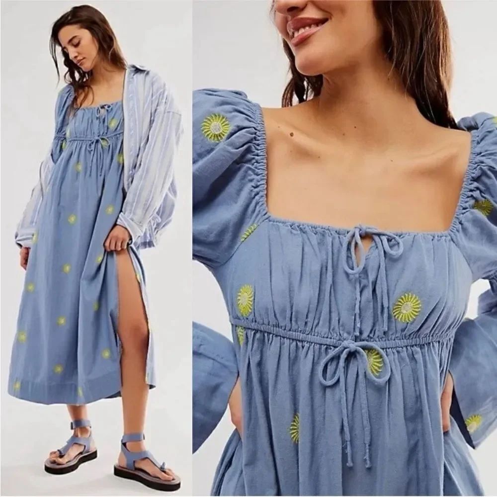 Free People NWT Emory Embroidered Maxi Dress size M in the color blue and yellow